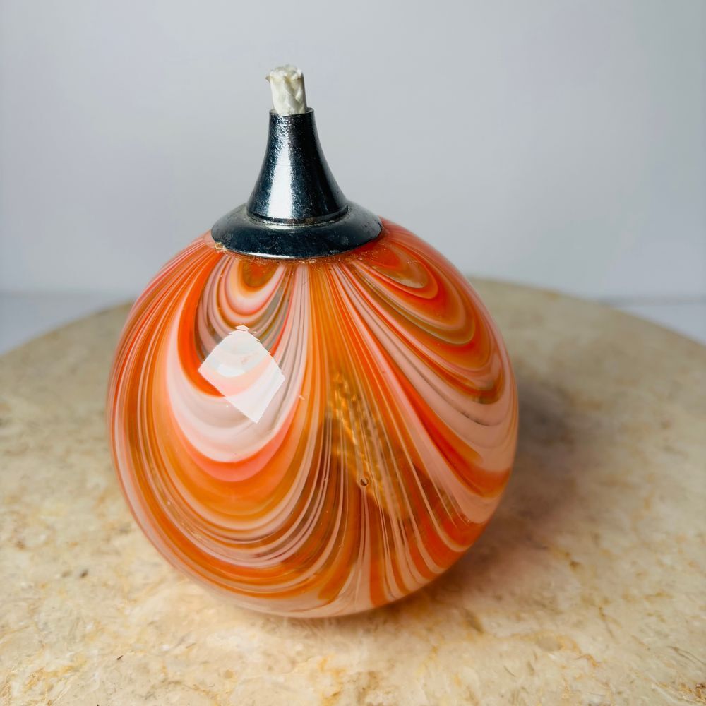 Beautiful Orange Pulled Feather Art Glass Oil Lamp Hand Blown Globe  4"‎